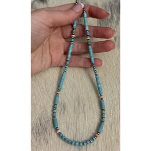 Native American Sterling Silver Navajo Pearl Turquoise Conch Saucer Necklace 18”